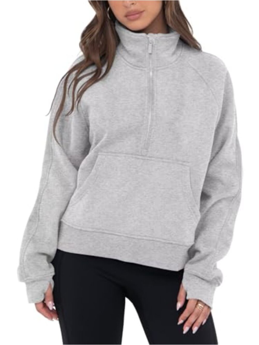 Womens Cropped Sweatshirt Half Zip Fleece Pullover Long Sleeve Thumb Hole Trendy